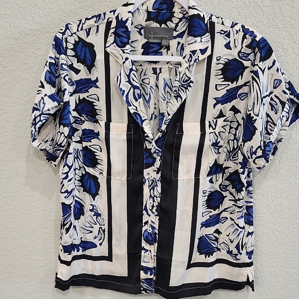 Anthropologie Maeve Classic Surf Top Blue Black Tropical Button Down Resort Top - Picture 4 of 10